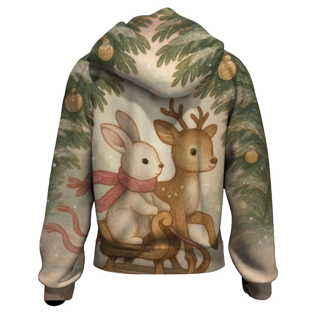 Winter Wildlife Sleigh Ride Through Fir Tunnel graphic hoodies