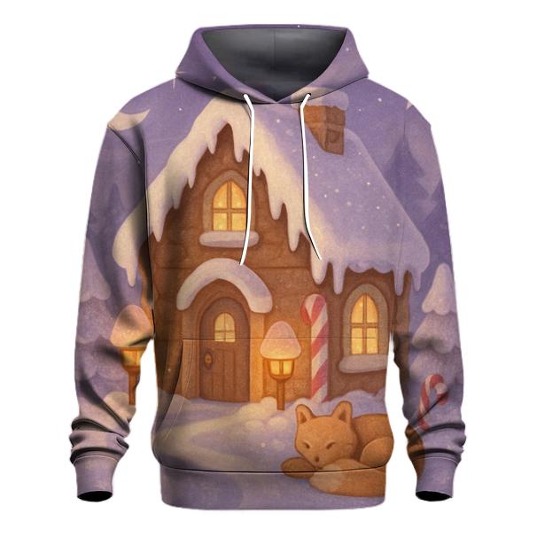 Gingerbread Cabin Under Moonlit Mist embroidered hoodies