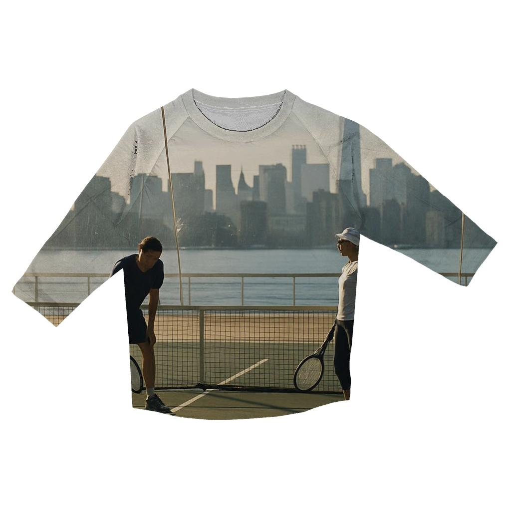 Chelsea Piers Tennis Bubble With Hudson Skyline Slice printed three quarter sleeve shirts