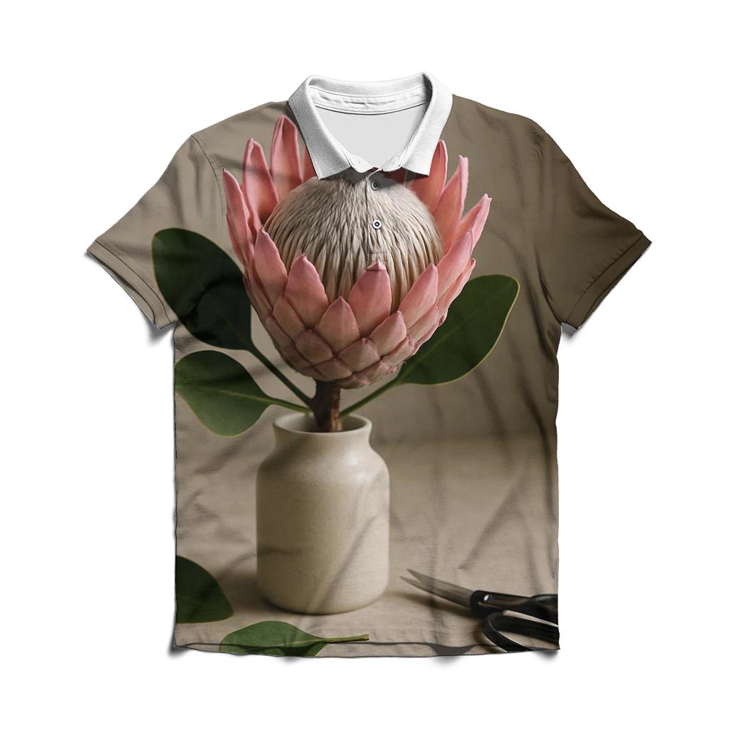 Protea Still Life In A Floral Studio Window premium cotton polo shirts