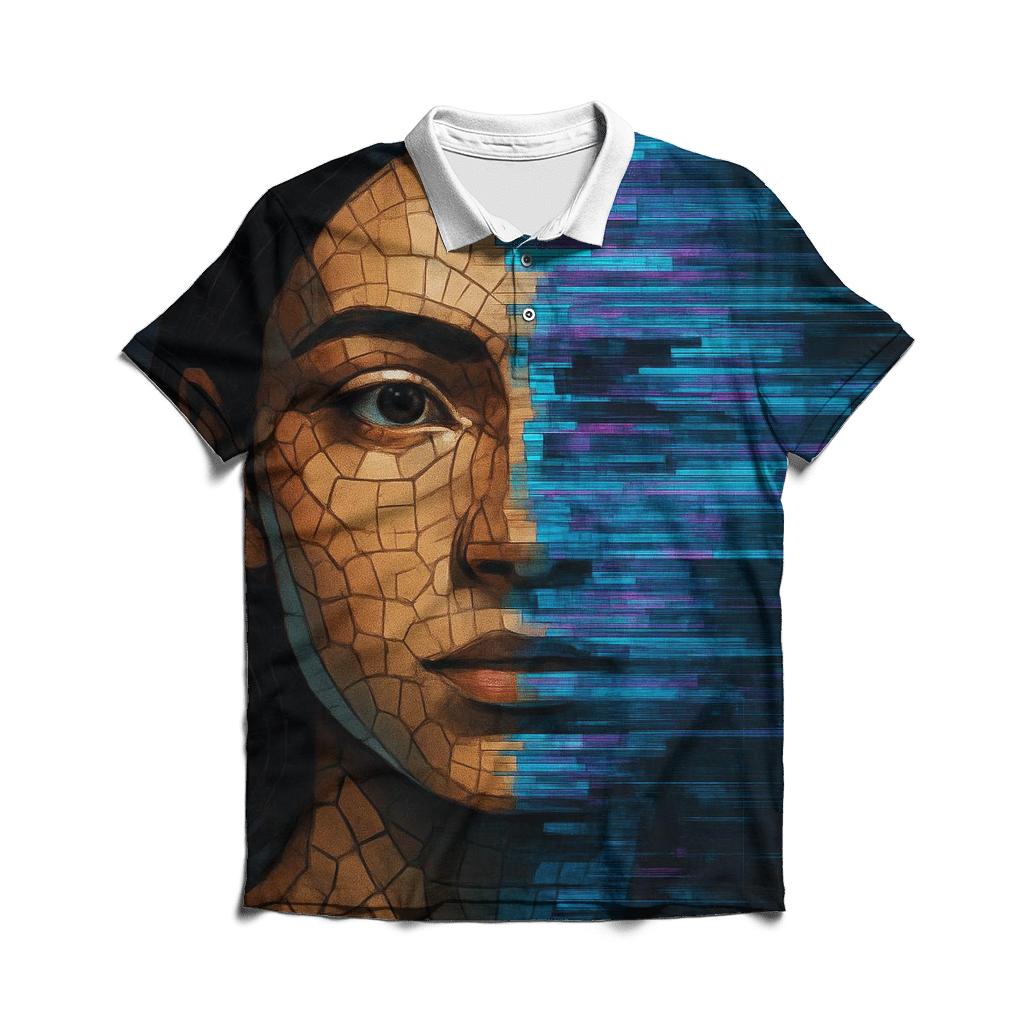 Glitch Mosaic Portrait Of Time branded logo polo shirts