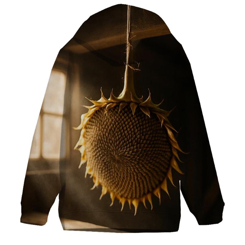 Sunflower Head Drying For Seeds On A Barn Rafter graphic hoodies