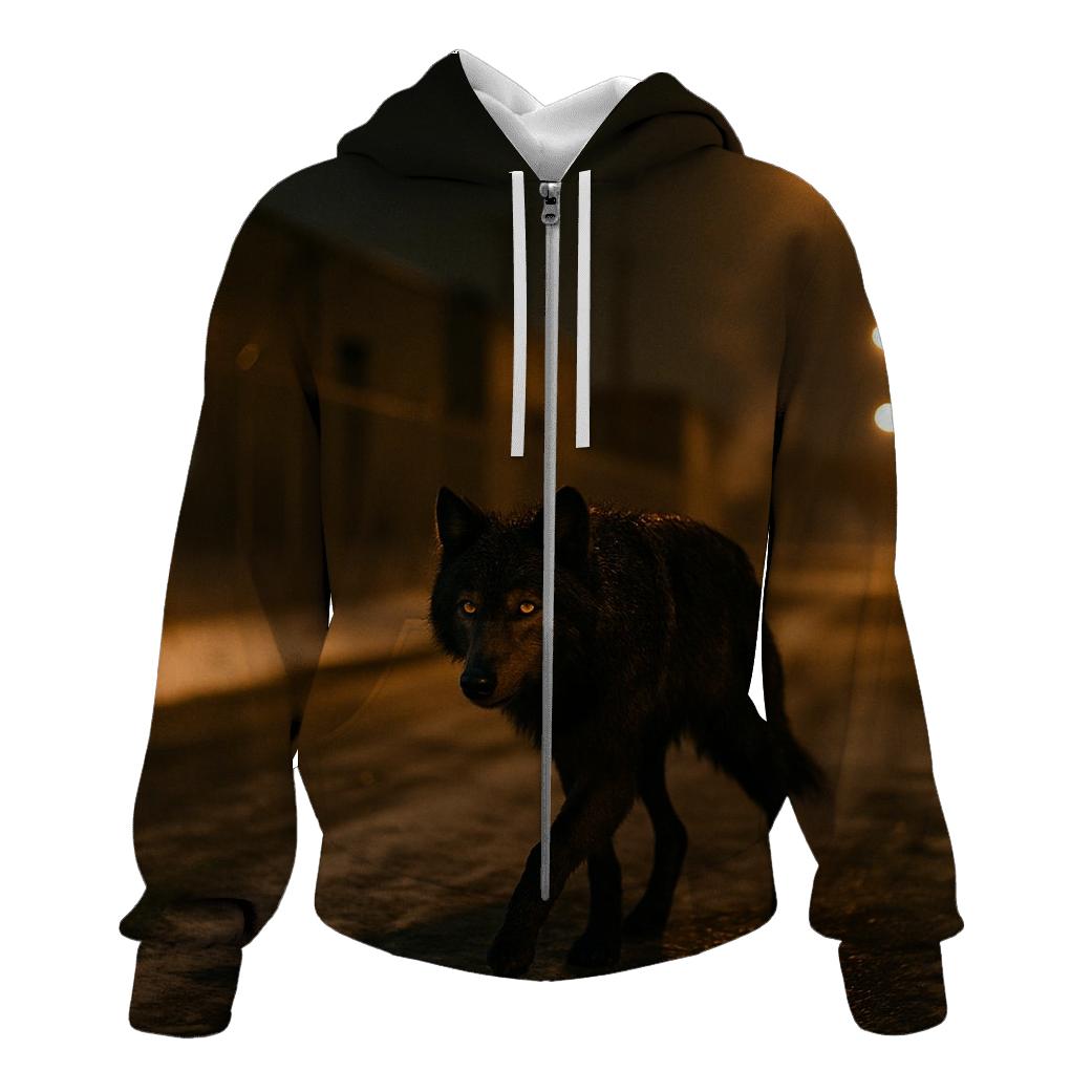 Urban Edge Wolf Under Sodium Streetlights zip-up hoodies