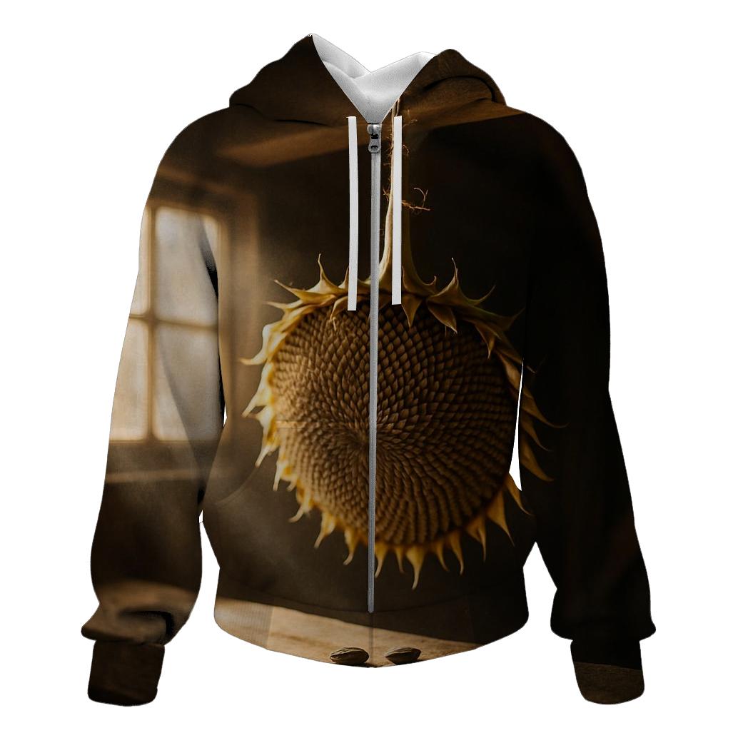 Sunflower Head Drying For Seeds On A Barn Rafter embroidered hoodies
