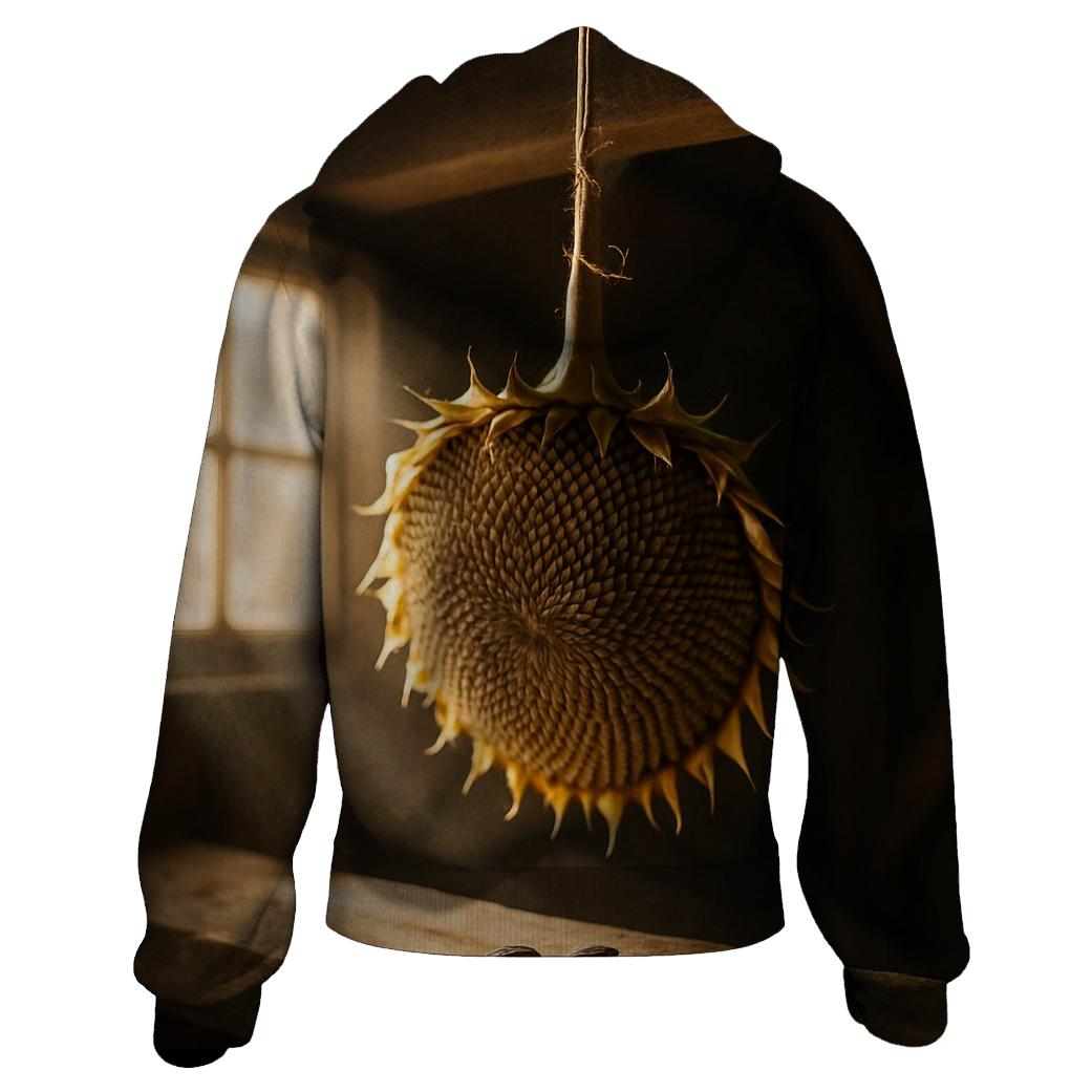 Sunflower Head Drying For Seeds On A Barn Rafter embroidered hoodies
