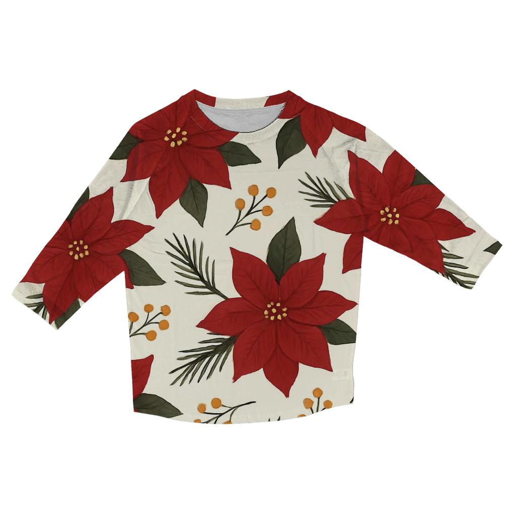Poinsettia And Pine Scatter On Cream Background fashion 3/4 sleeve shirts