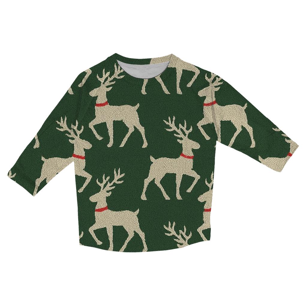 Reindeer Silhouette Diagonal Array On Forest Green Background casual three quarter sleeve shirts