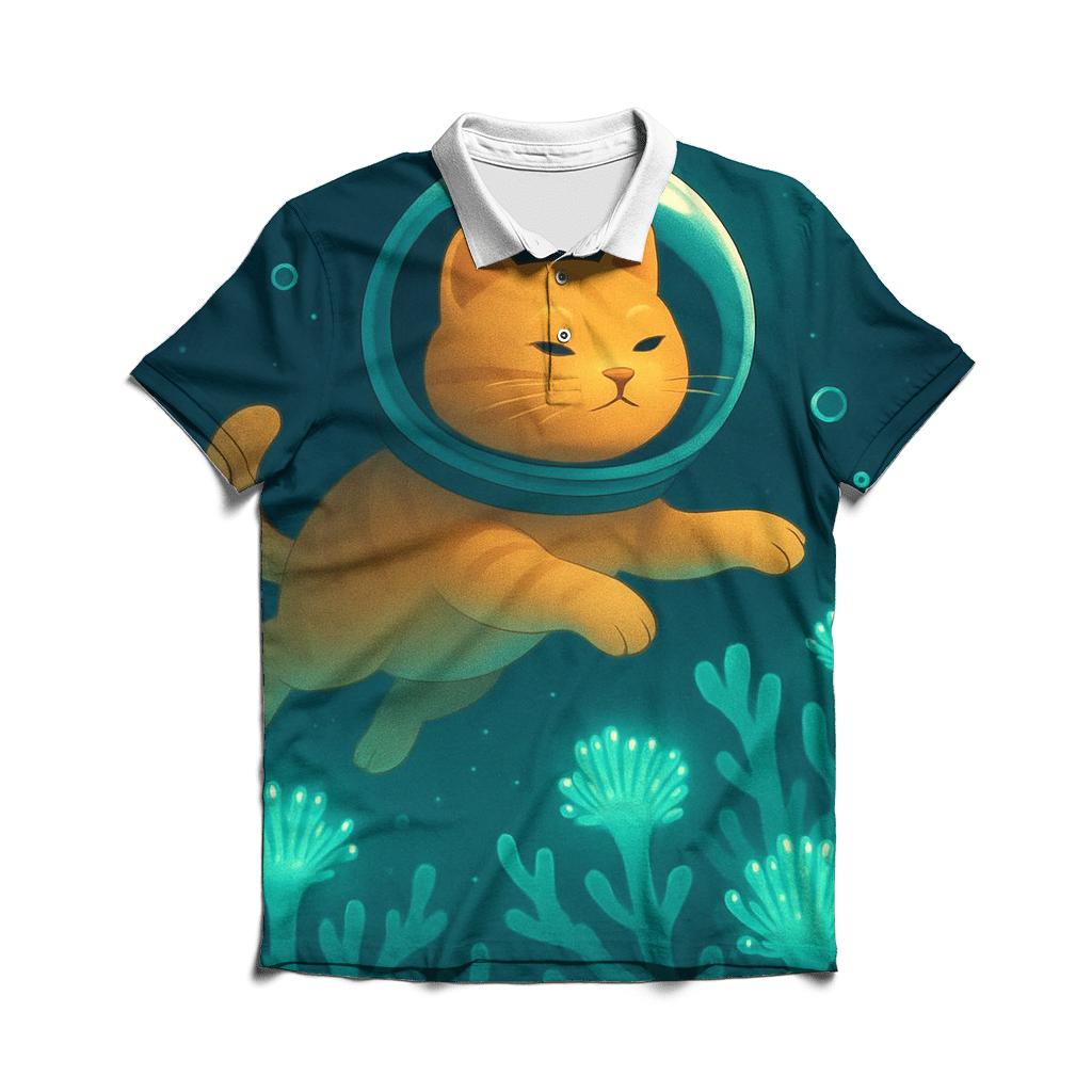 Coral Reef Astronaut Cat designer slim fit polos
