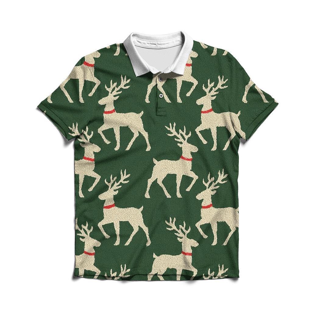 Reindeer Silhouette Diagonal Array On Forest Green Background embroidered polo tops