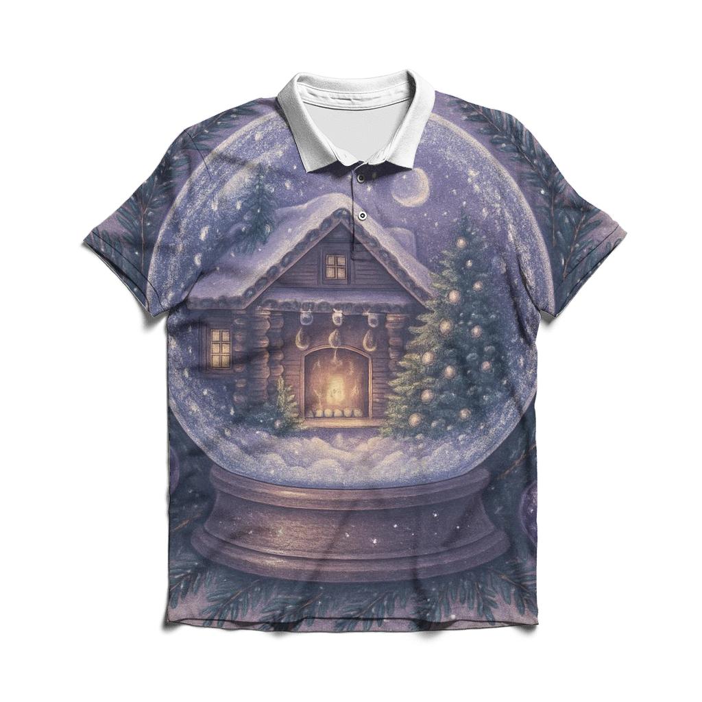 Moonlit Cabin Fireplace Snow Globe branded logo polo shirts