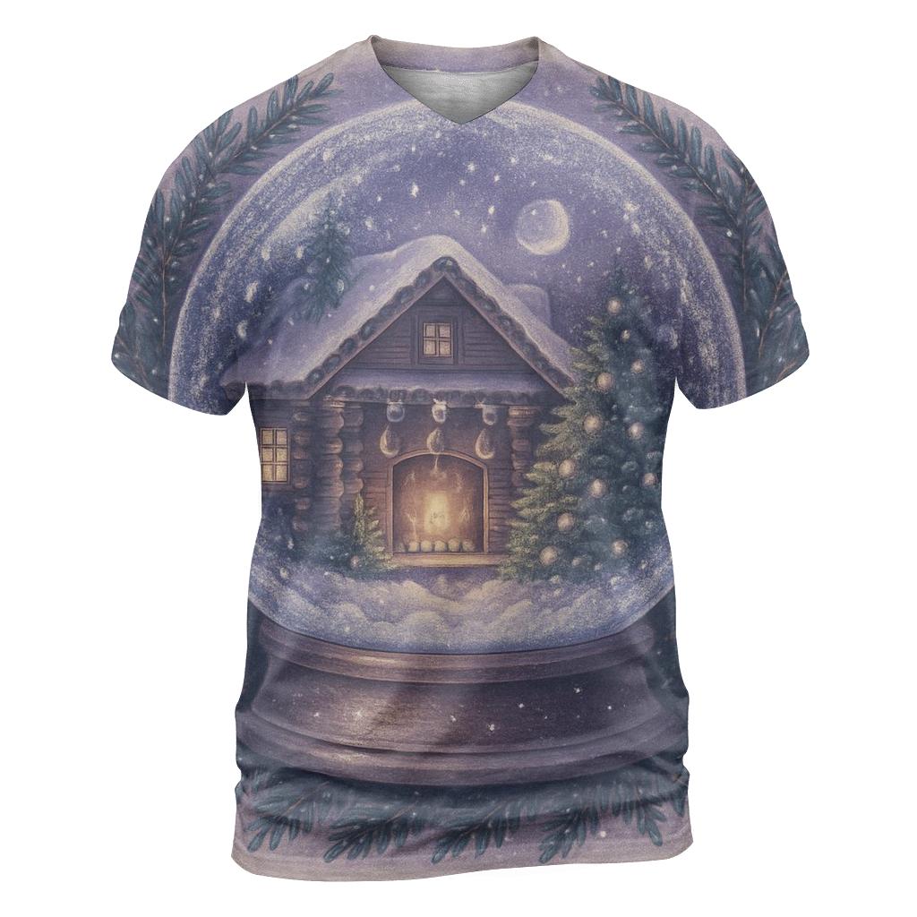 Moonlit Cabin Fireplace Snow Globe statement graphic shirts