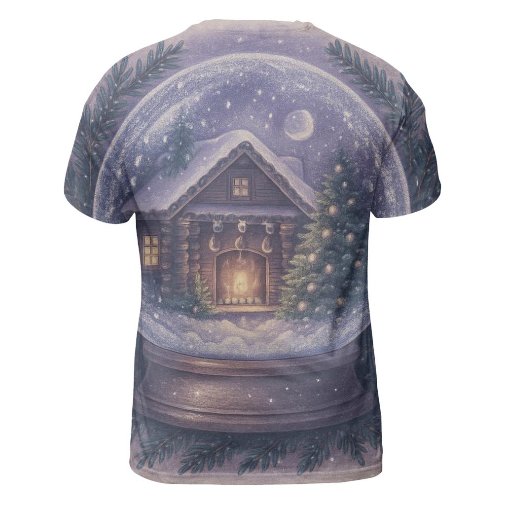 Moonlit Cabin Fireplace Snow Globe statement graphic shirts