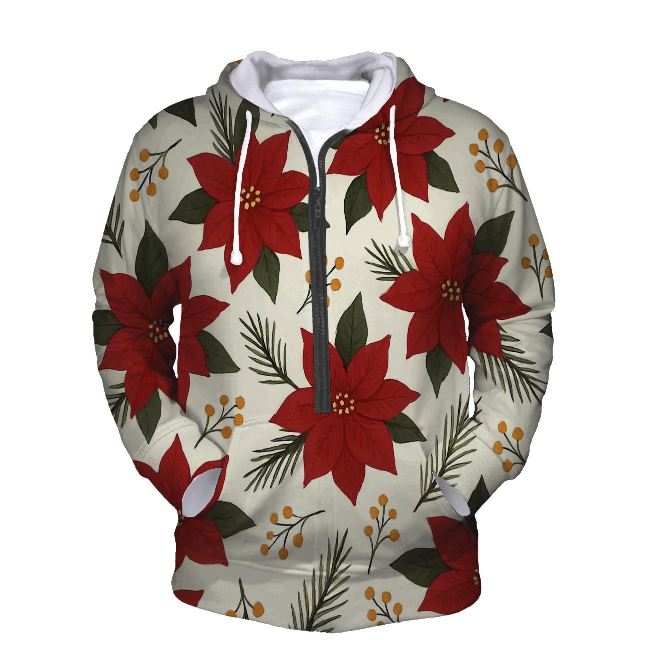 Poinsettia And Pine Scatter On Cream Background pullover hoodies