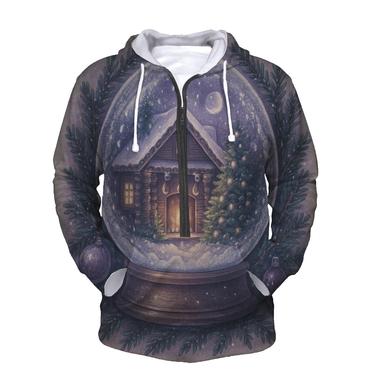 Moonlit Cabin Fireplace Snow Globe premium hoodies