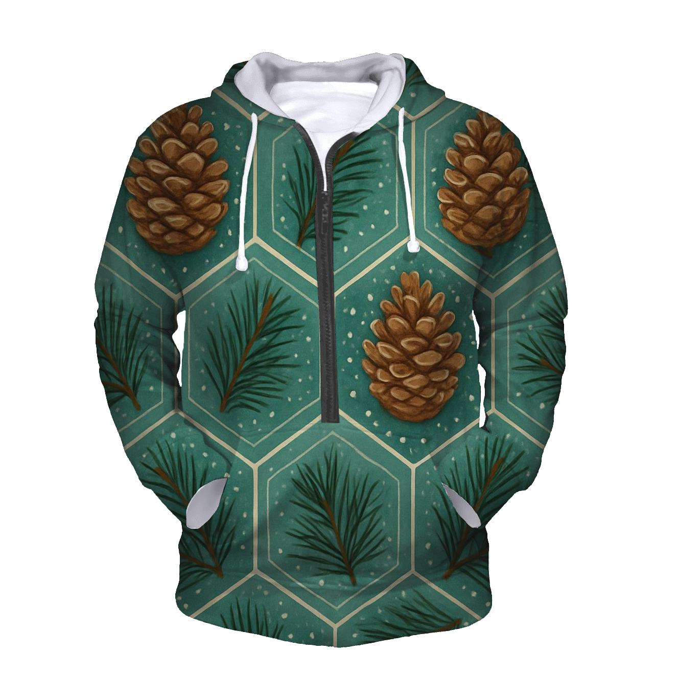 Winter Pine Cone Hex Tessellation On Teal Background embroidered hoodies