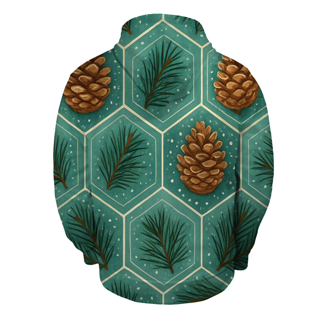 Winter Pine Cone Hex Tessellation On Teal Background embroidered hoodies