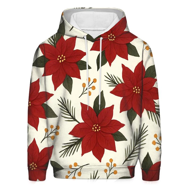 Poinsettia And Pine Scatter On Cream Background embroidered hoodies