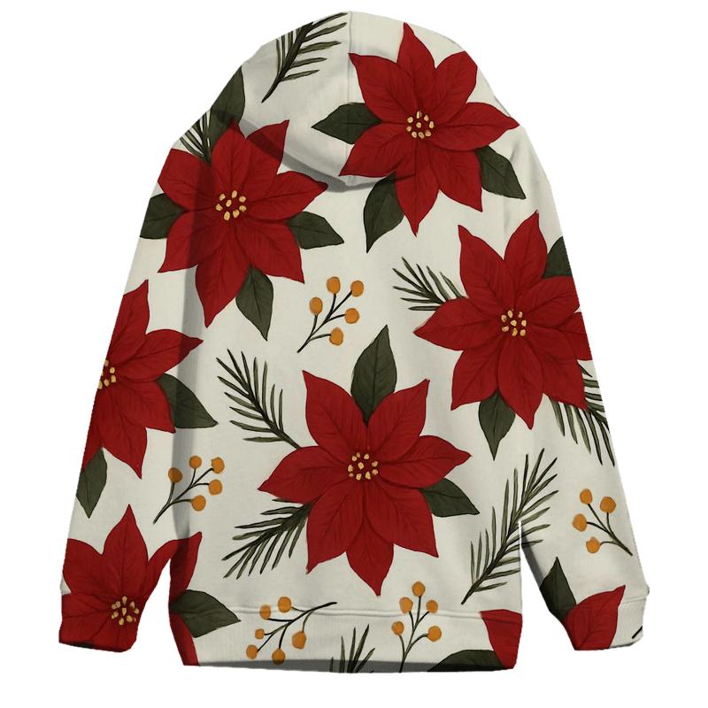 Poinsettia And Pine Scatter On Cream Background embroidered hoodies