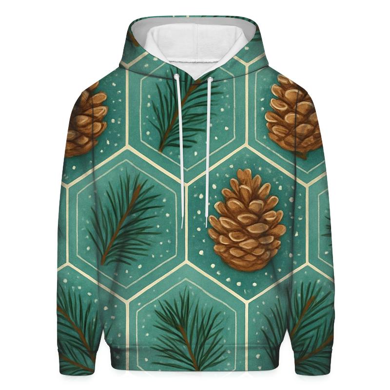 Winter Pine Cone Hex Tessellation On Teal Background hoodie designs
