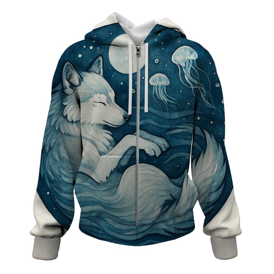 Ocean Moon Drift Wolf lightweight hoodies