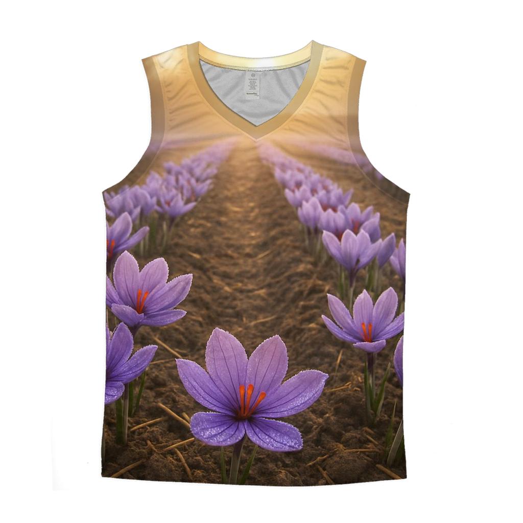 Saffron Crocus Harvest Rows In Early Autumn Mist custom tank tops
