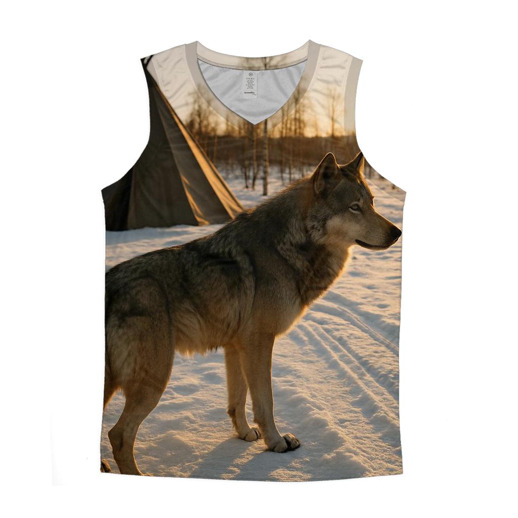 Wolf Beside Traditional Reindeer Herding Camp sports performance tank tops