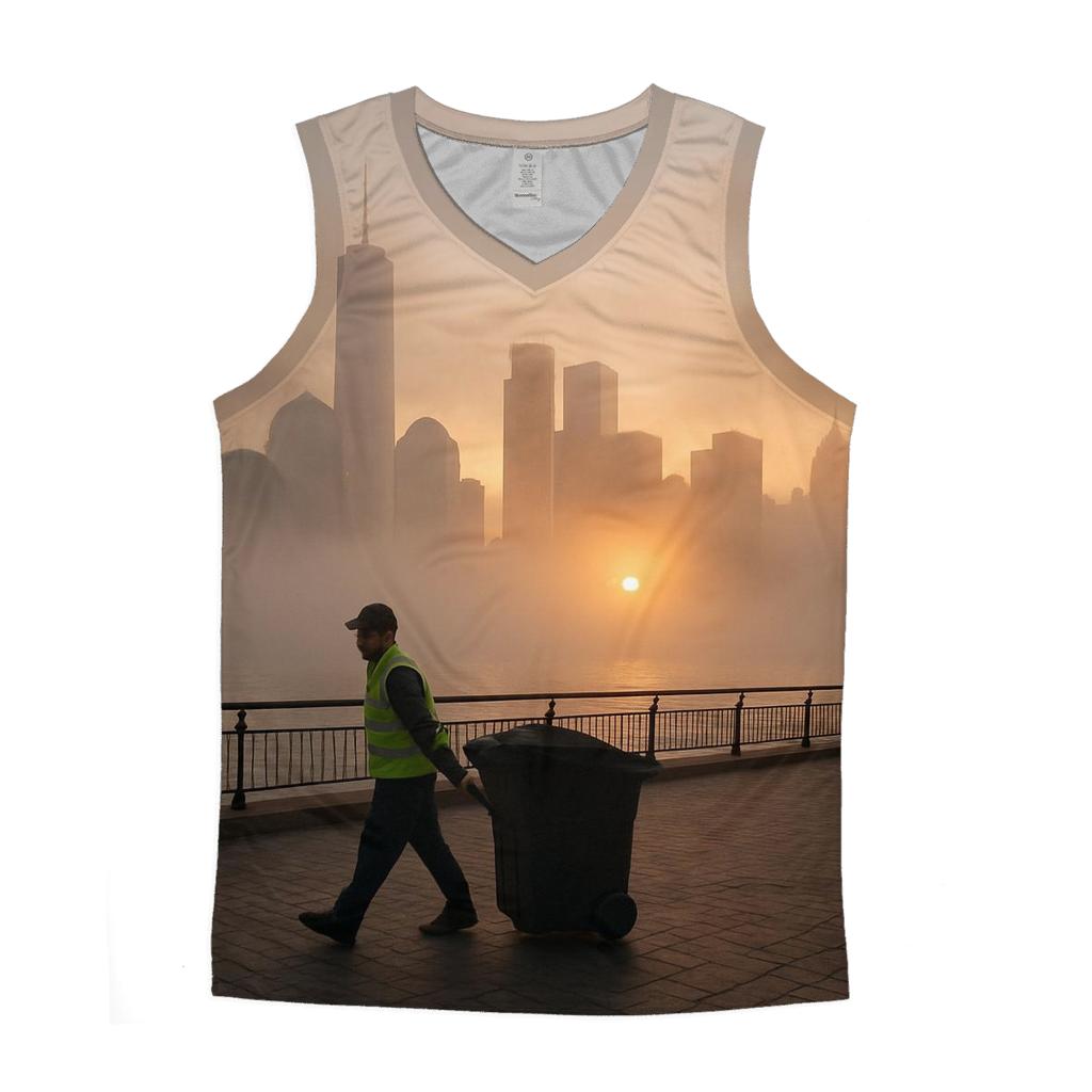 Fog Bank Rolling Past Battery Park At Sunrise graphic print tank tops