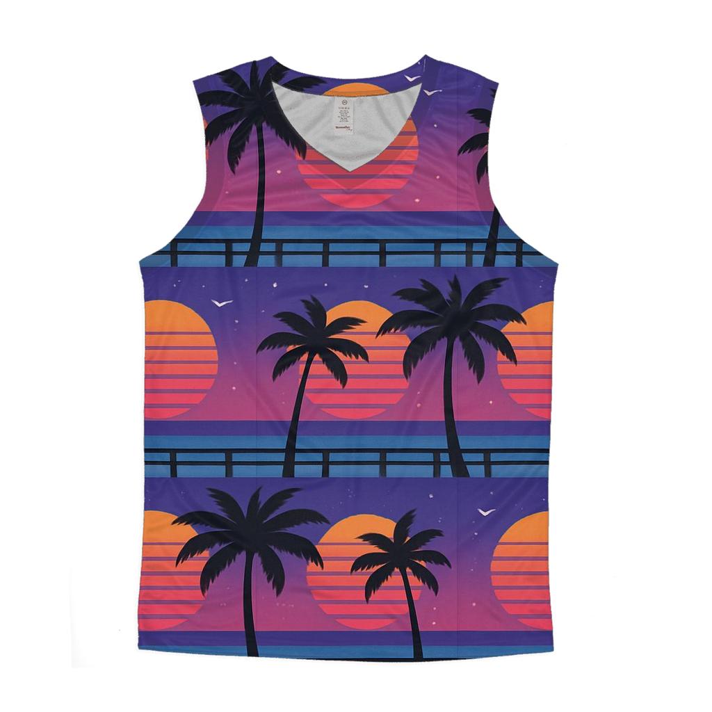 Sunset Boardwalk Palm Silhouette Blocks cotton sleeveless tops