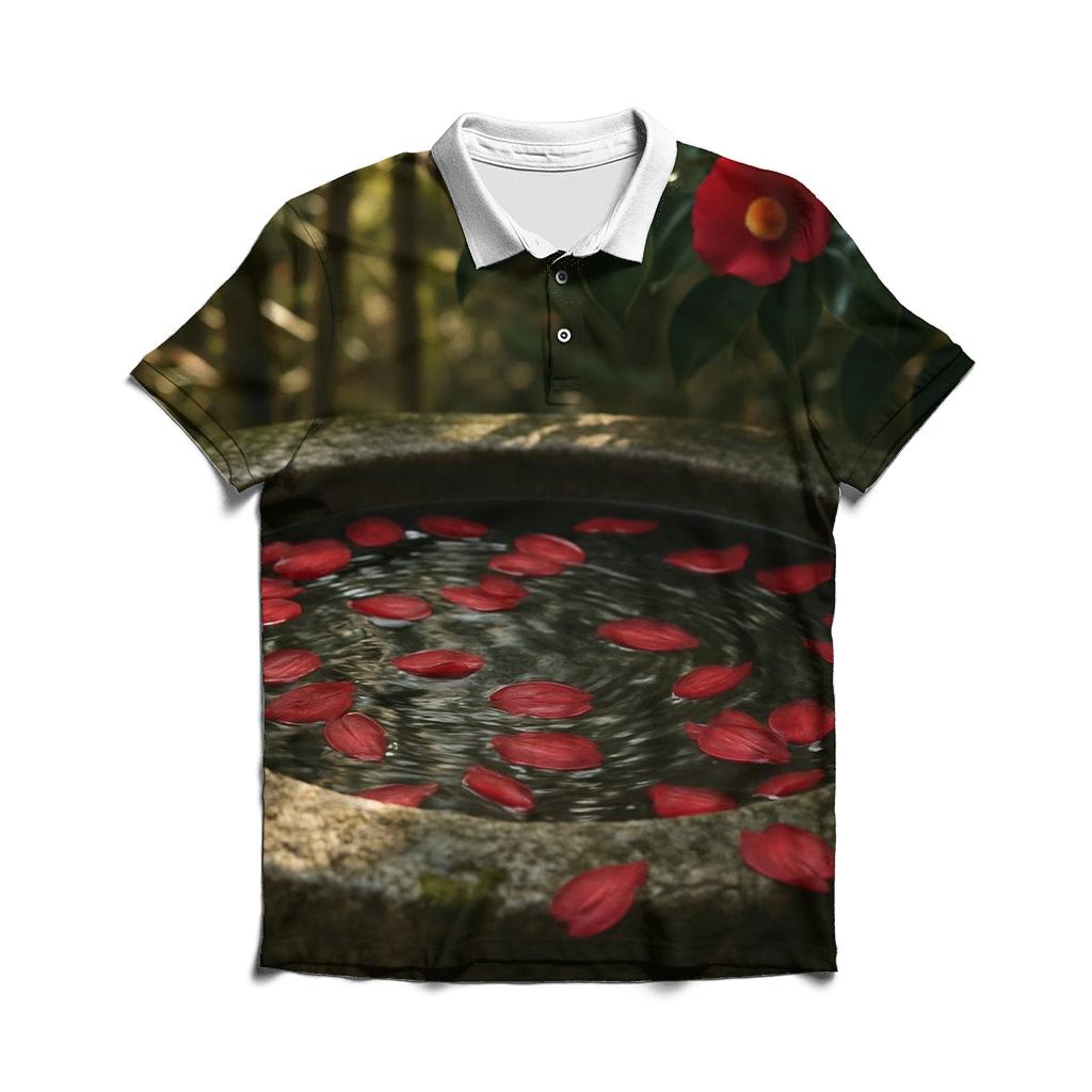 Camellia Petals Floating In A Traditional Tea Garden Basin premium cotton polo shirts