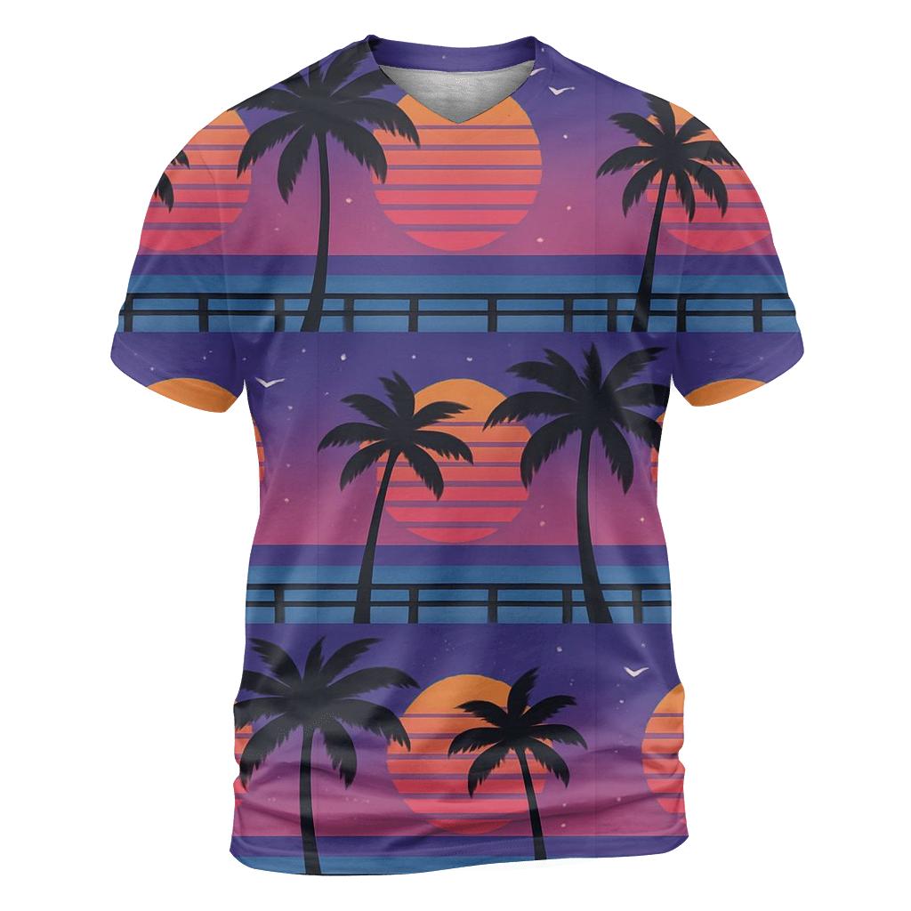 Sunset Boardwalk Palm Silhouette Blocks artistic all-over print tops