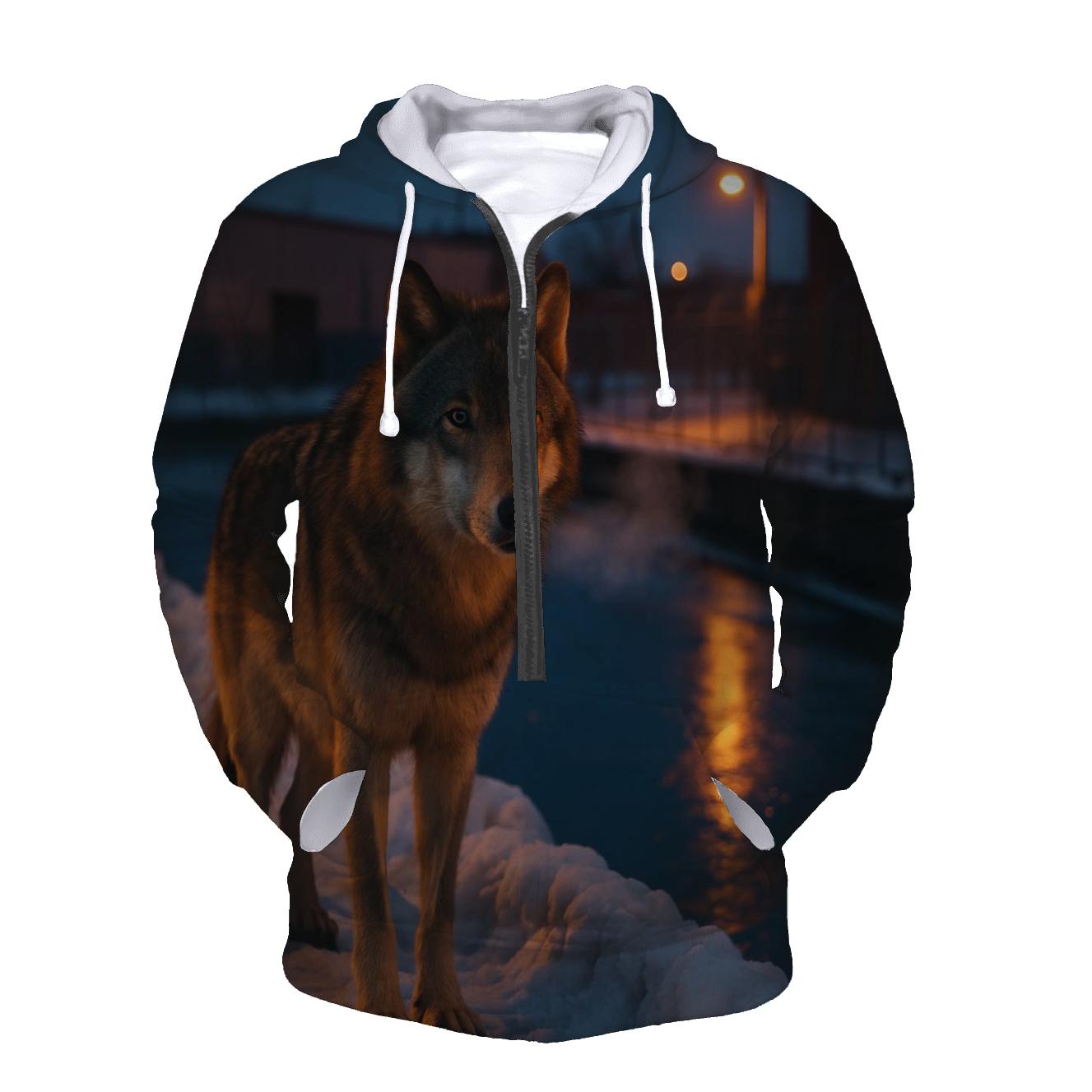Urban Edge Wolf At A Snowy Industrial Canal hoodie styles