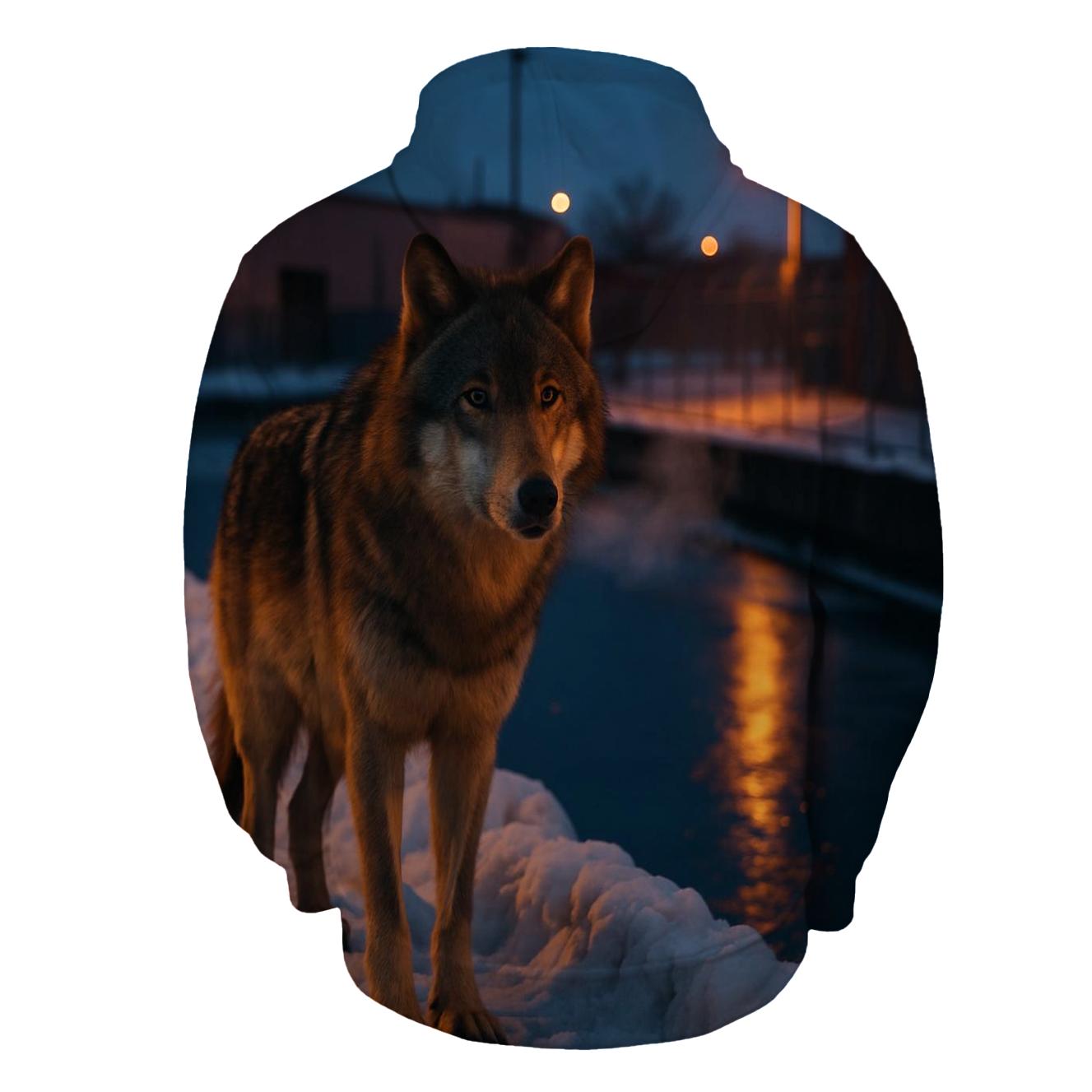 Urban Edge Wolf At A Snowy Industrial Canal hoodie styles