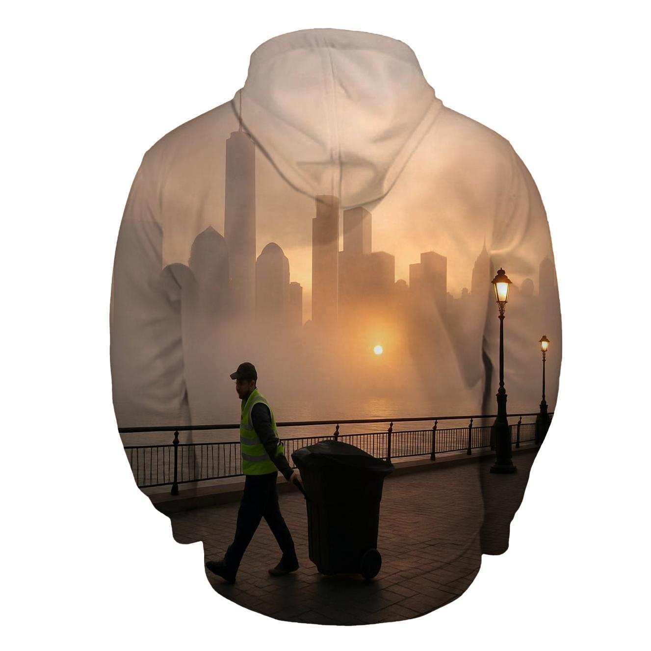 Fog Bank Rolling Past Battery Park At Sunrise printed hoodies