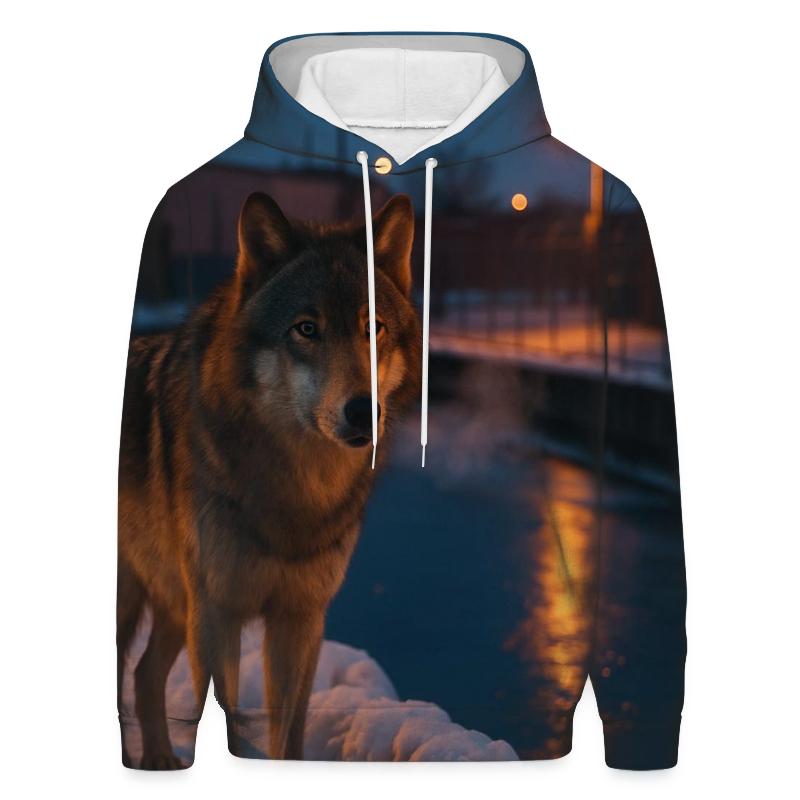 Urban Edge Wolf At A Snowy Industrial Canal printed hoodies