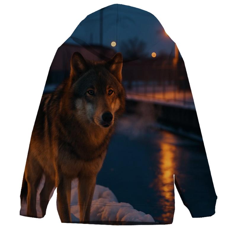 Urban Edge Wolf At A Snowy Industrial Canal printed hoodies