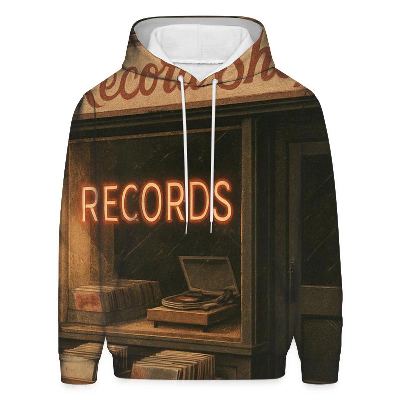 Worn Vinyl Record Shop Window Scene premium hoodies
