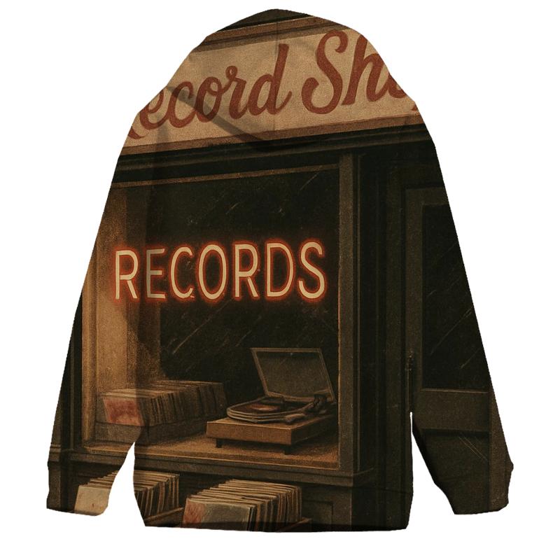 Worn Vinyl Record Shop Window Scene premium hoodies