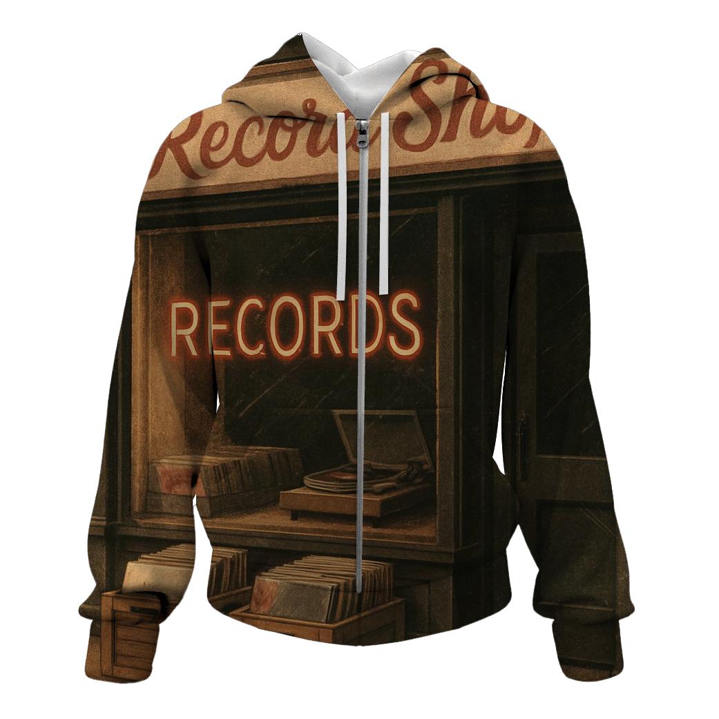 Worn Vinyl Record Shop Window Scene printed hoodies