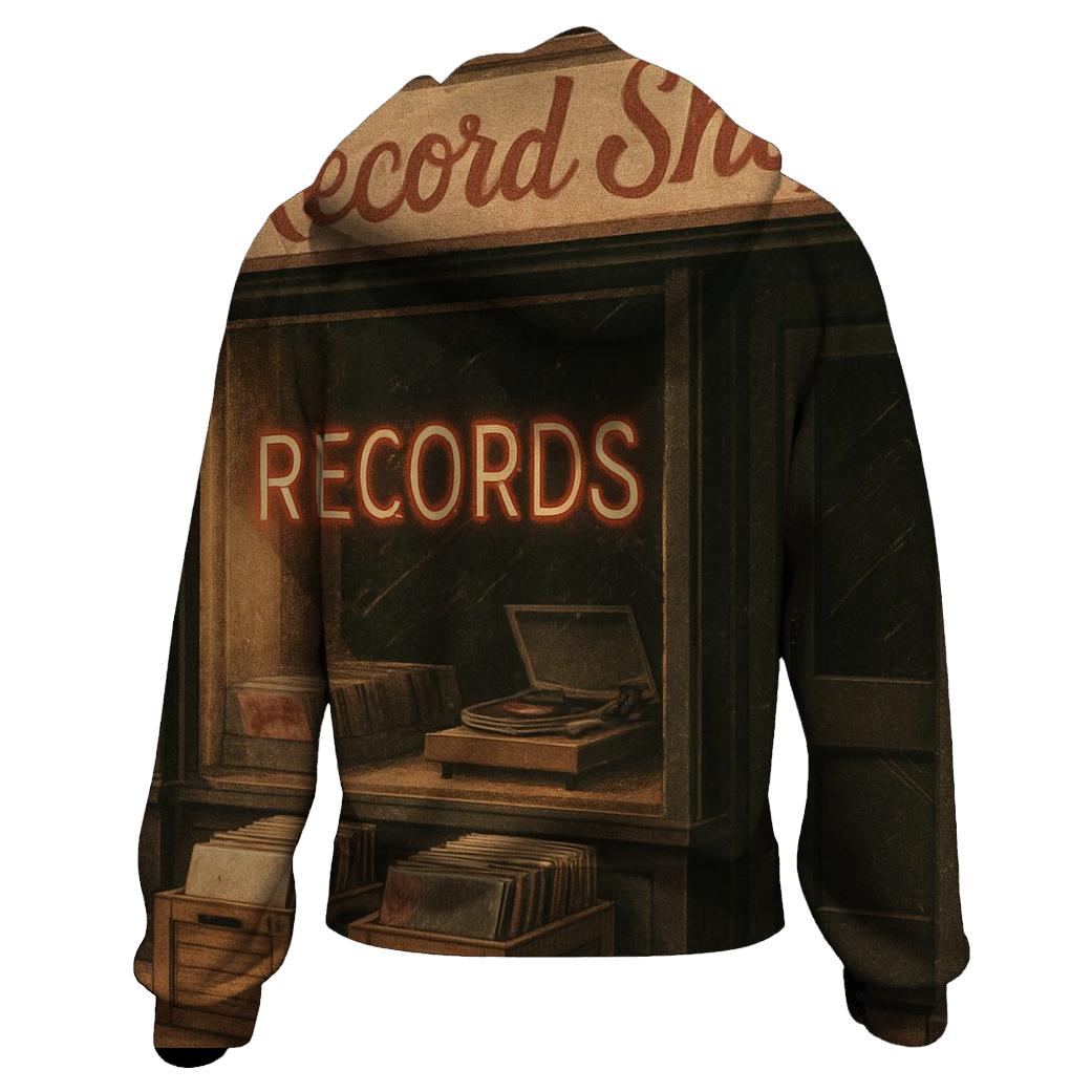Worn Vinyl Record Shop Window Scene printed hoodies