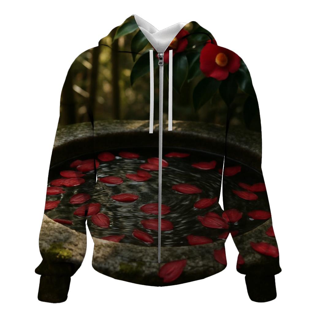 Camellia Petals Floating In A Traditional Tea Garden Basin printed hoodies