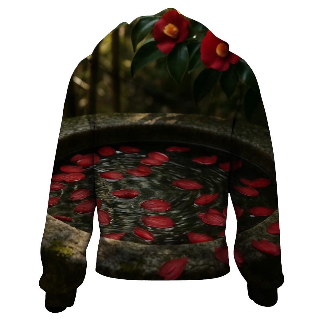 Camellia Petals Floating In A Traditional Tea Garden Basin printed hoodies
