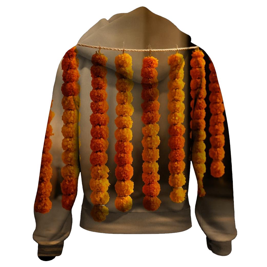 Marigold Garlands Drying In A Courtyard Shade printed hoodies