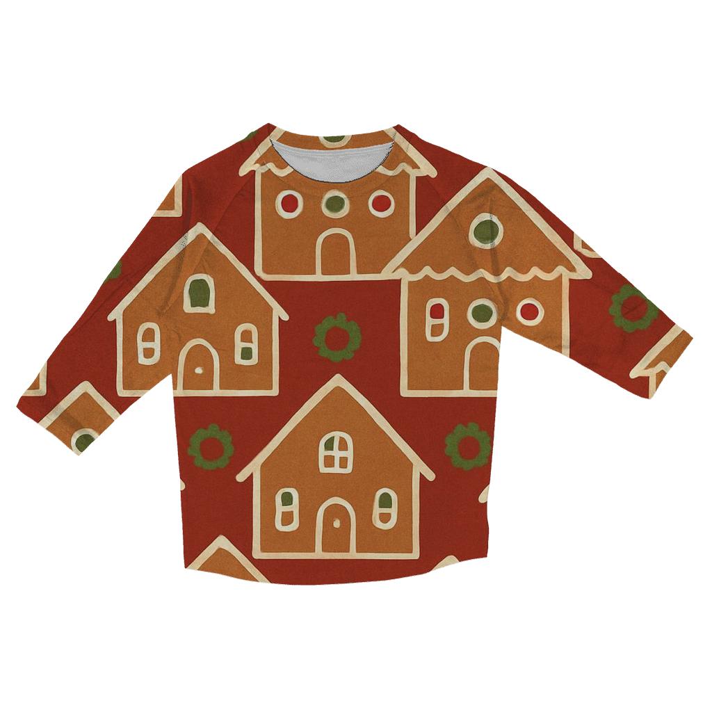 Ivory Gingerbread House Tiles On Red Background designer 3/4 sleeve blouses