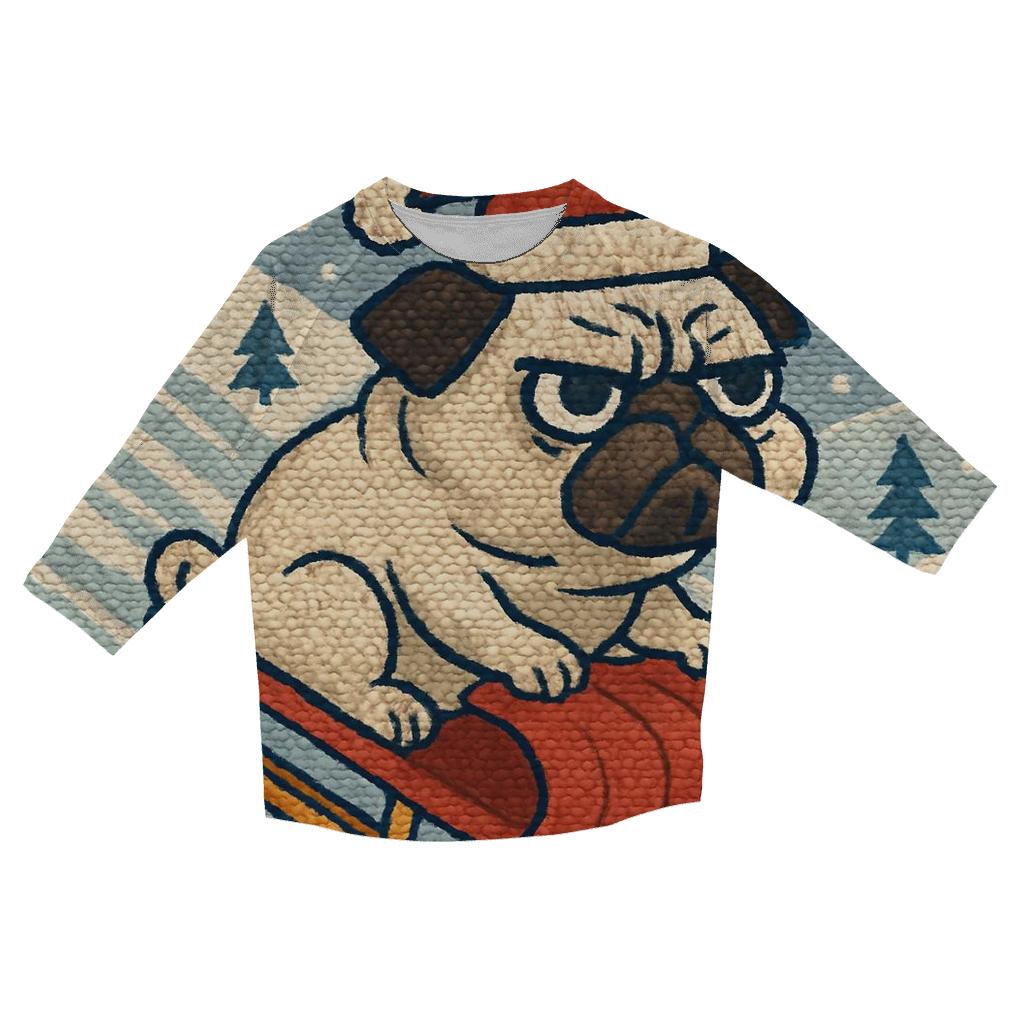 Retro Knit Sledding Pug Blizzard printed three quarter sleeve shirts