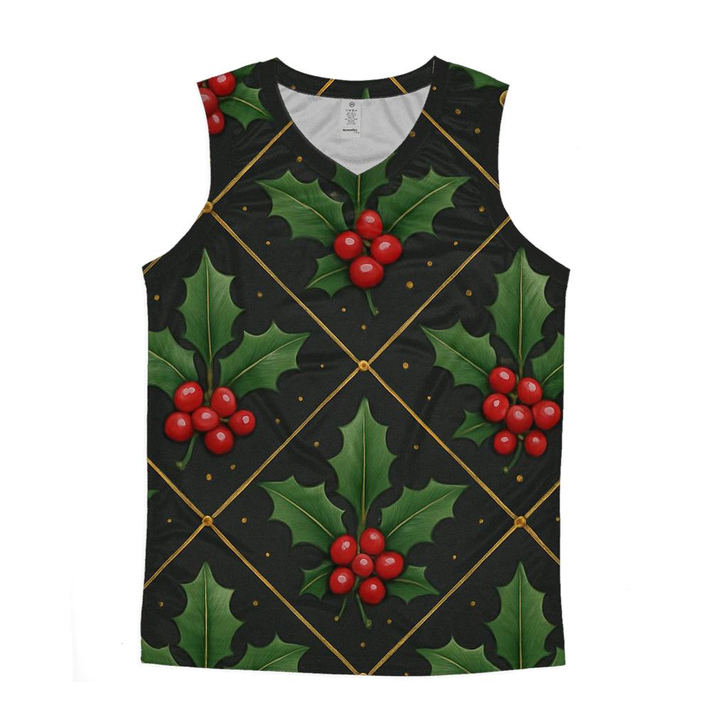 Crimson Holly Berry Trellis On Charcoal Background personalized athletic tanks