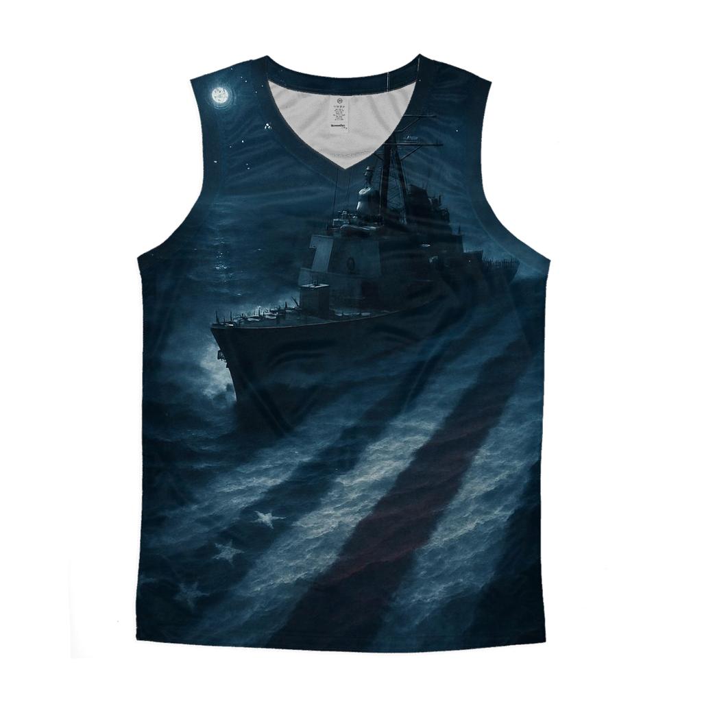 Naval Wake Carving Flag In Moonlight graphic print tank tops