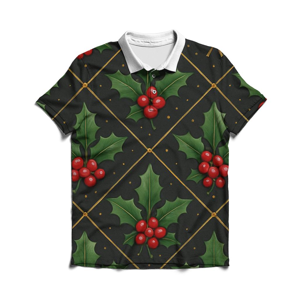Crimson Holly Berry Trellis On Charcoal Background personalized polo shirts