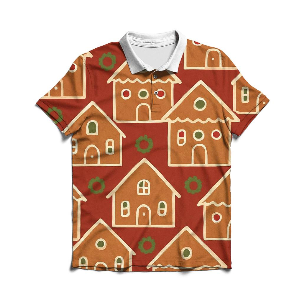 Ivory Gingerbread House Tiles On Red Background personalized polo shirts