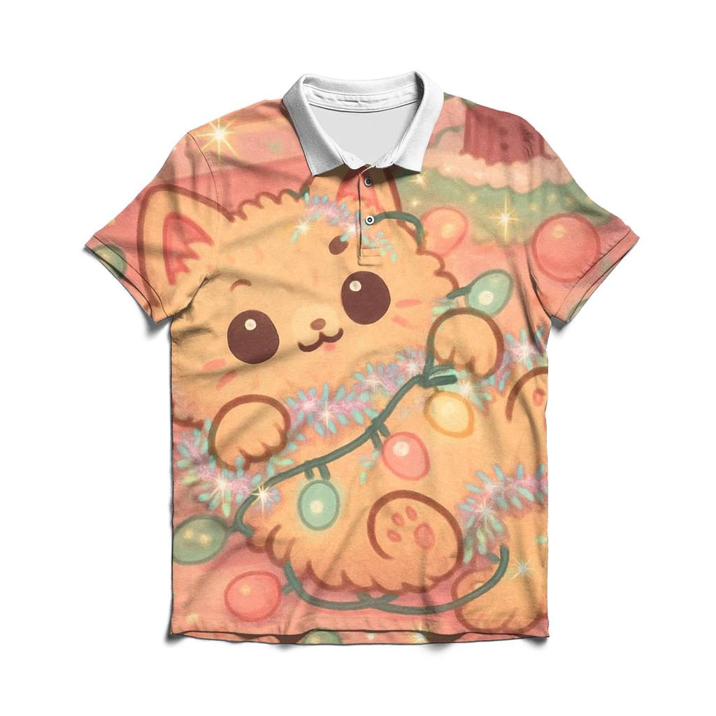 Christmas Cat Tangled In Fairy Lights casual sports polo shirts