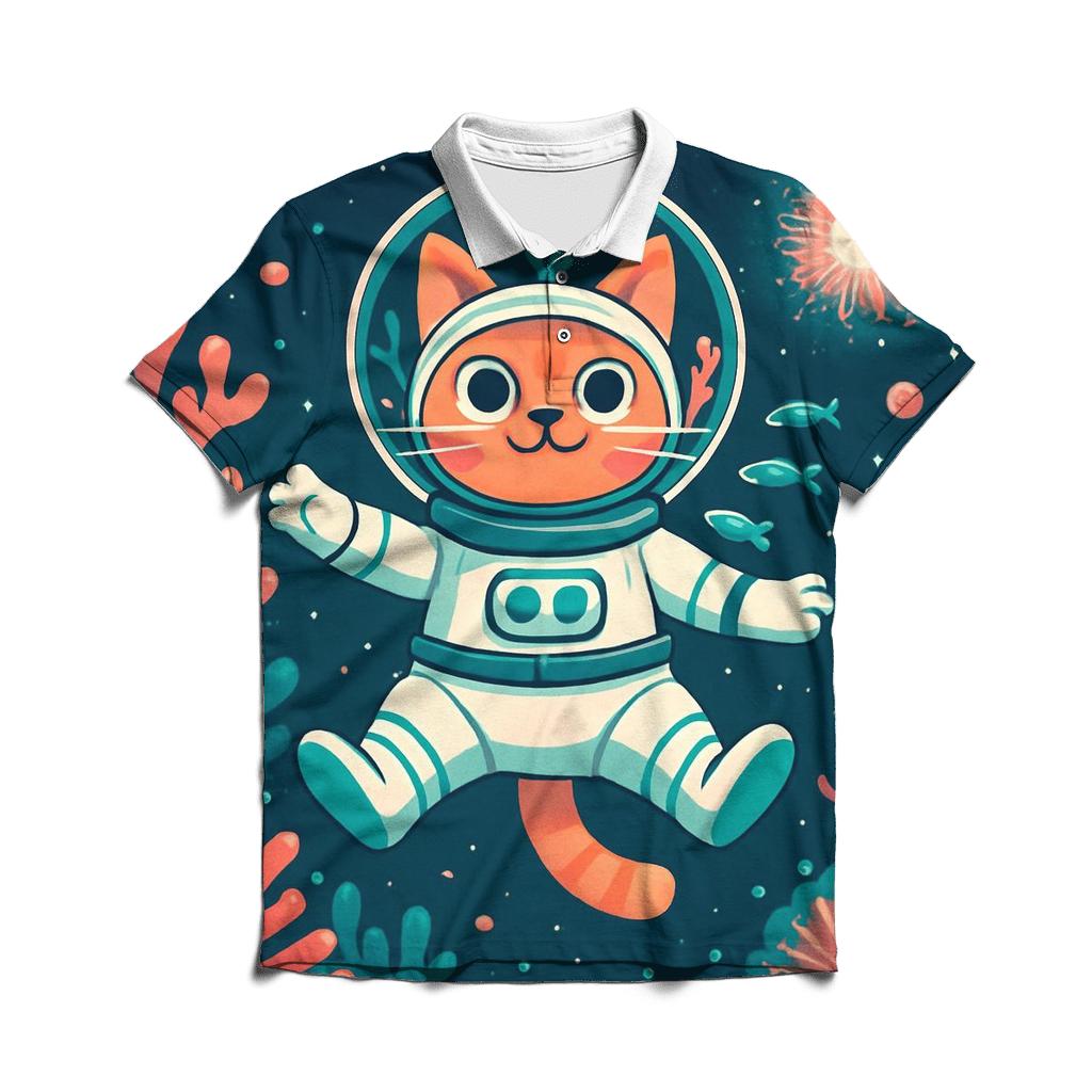 Coral Reef Astronaut Cat premium cotton polo shirts